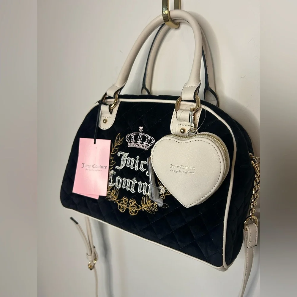juicy couture black cream embroidered crest satchel bag